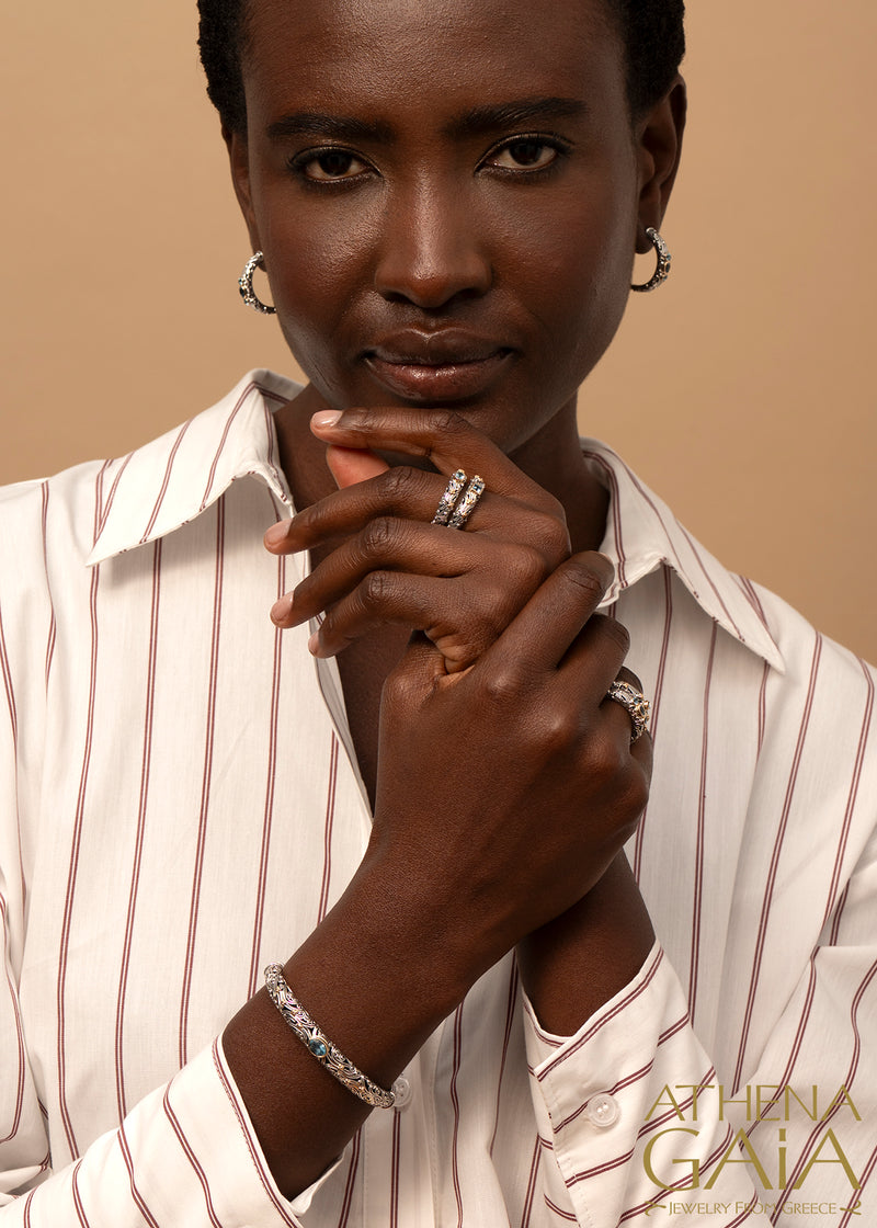 Meadow Breeze Oval Stone Bracelet - 18k Gold and Sterling Silver - Hinged Bangle Bracelet