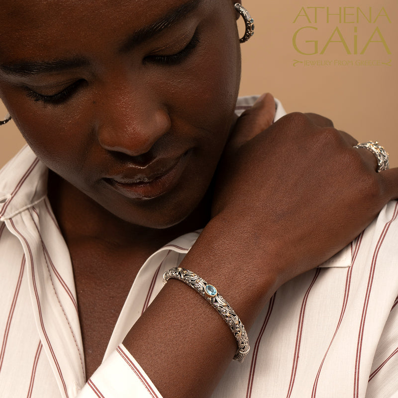 Meadow Breeze Oval Stone Bracelet - 18k Gold and Sterling Silver - Hinged Bangle Bracelet