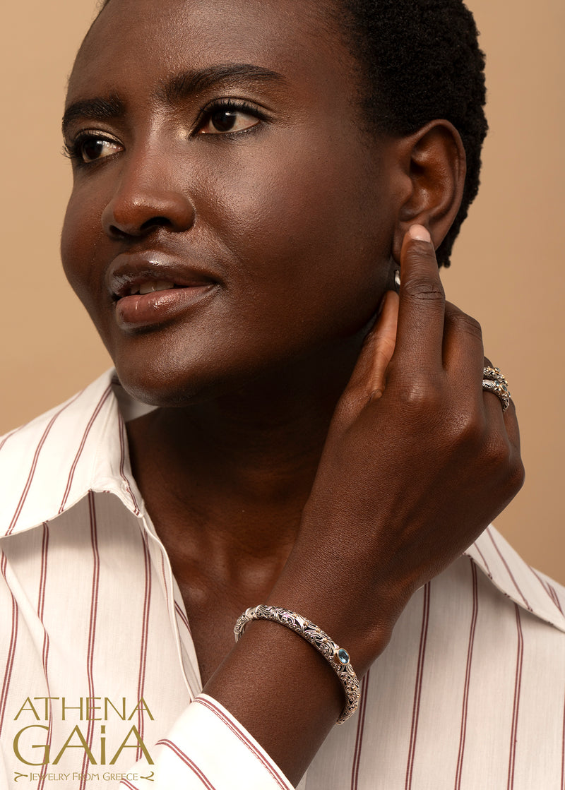 Meadow Breeze Oval Stone Bracelet - 18k Gold and Sterling Silver - Hinged Bangle Bracelet