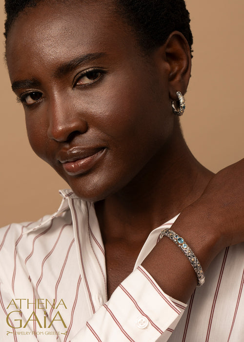 Kynthia 3 Stone Bracelet- 18k Gold and Sterling Silver Bracelet - Hinged Bangle Bracelet