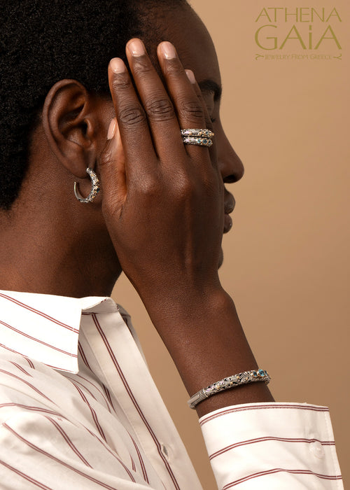 Kynthia 3 Stone Bracelet- 18k Gold and Sterling Silver Bracelet - Hinged Bangle Bracelet