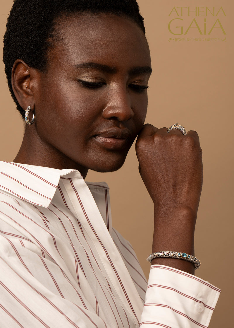 Kynthia 3 Stone Bracelet- 18k Gold and Sterling Silver Bracelet - Hinged Bangle Bracelet