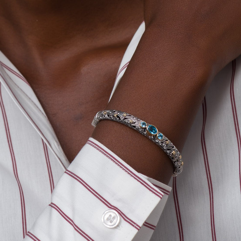 Kynthia 3 Stone Bracelet- 18k Gold and Sterling Silver Bracelet - Hinged Bangle Bracelet