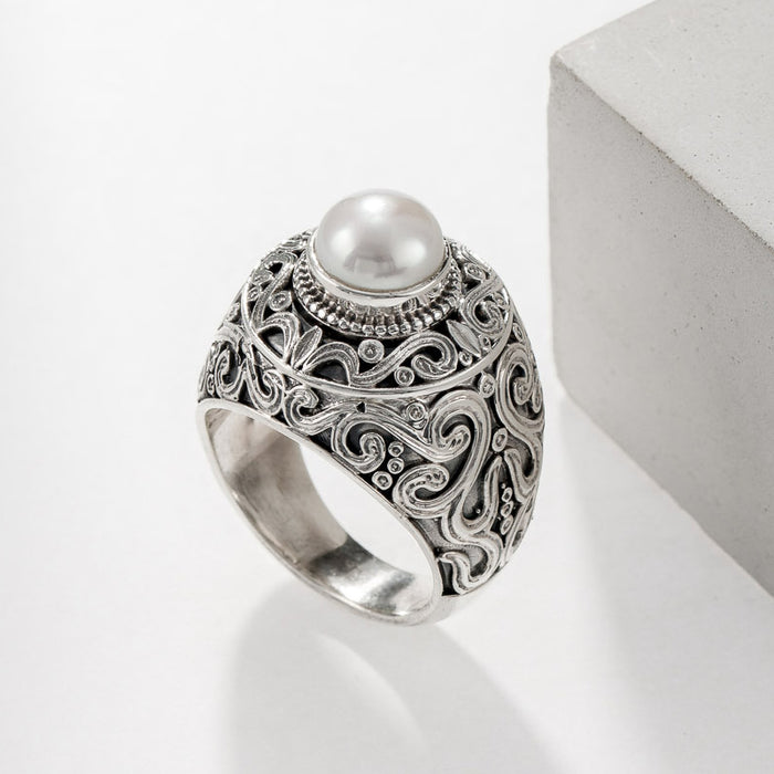 Santorini Silver Pearl Ring - Sterling Silver Ring - Club Ring