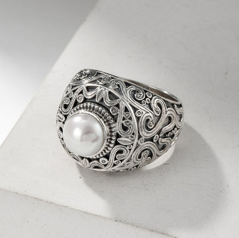 Santorini Silver Pearl Ring - Sterling Silver Ring - Club Ring