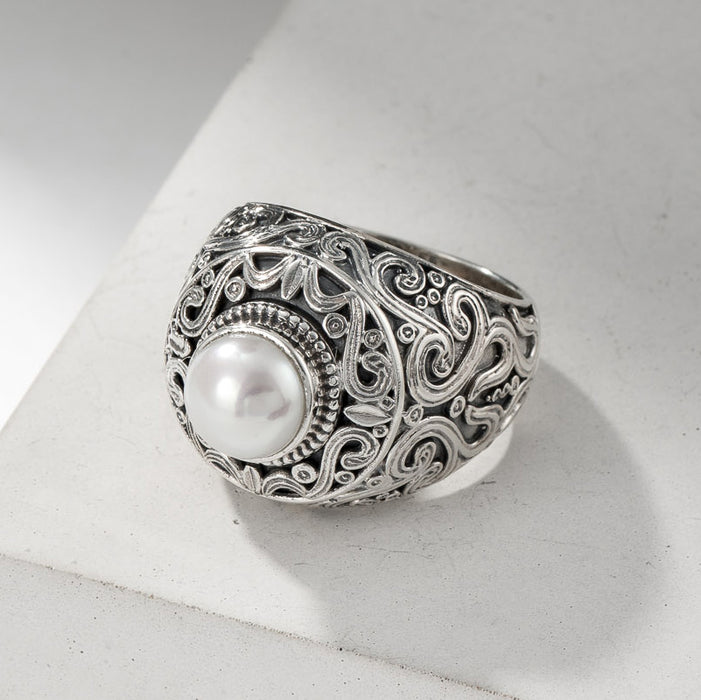 Santorini Silver Pearl Ring - Sterling Silver Ring - Club Ring