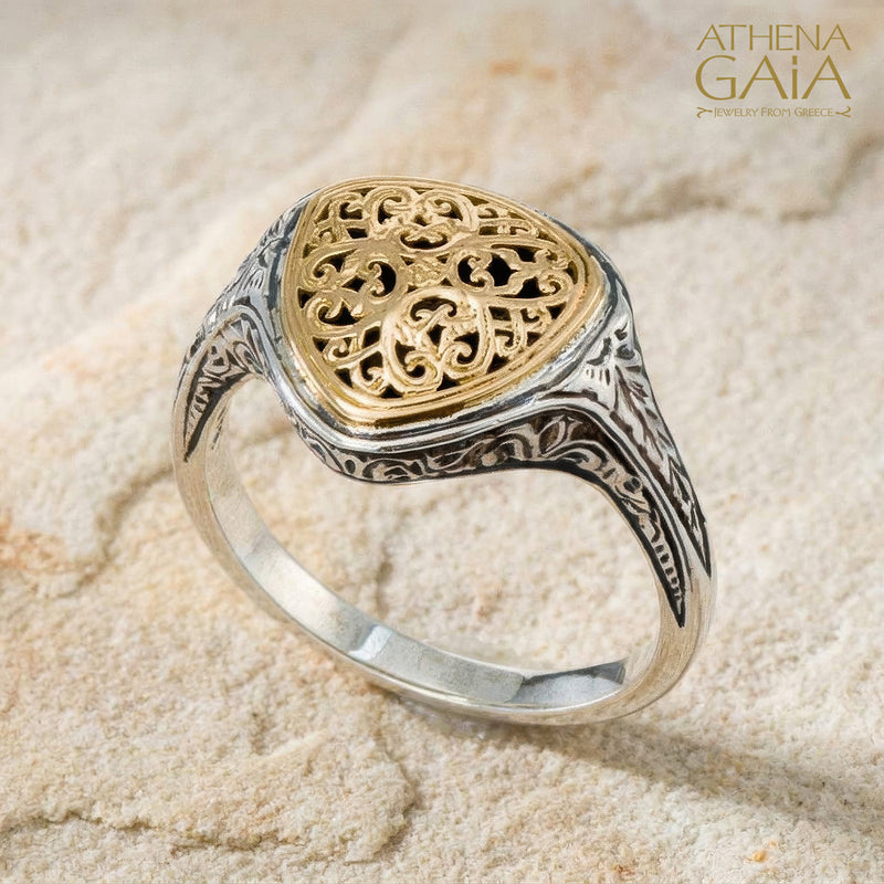 Mediterranean Triangle Pinky Ring - 18k Gold & Sterling Silver Ring - Club Ring