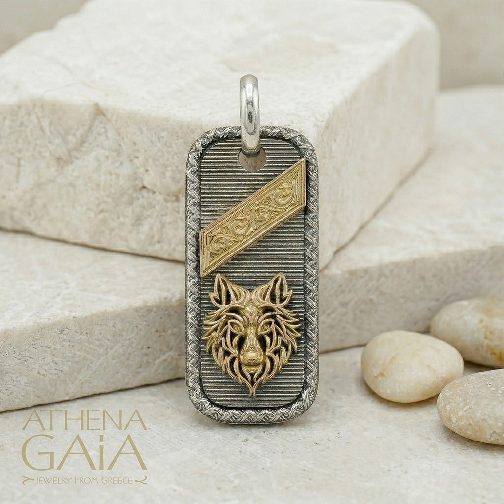 Tablet Wolf Pendant - 18k Gold & Sterling Silver - Talisman