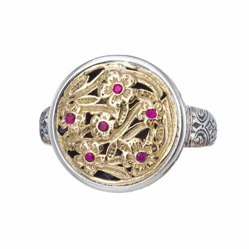 Harmony Gyros with Rubies Ring - 18k Gold & Sterling Silver Ring - Signet Ring