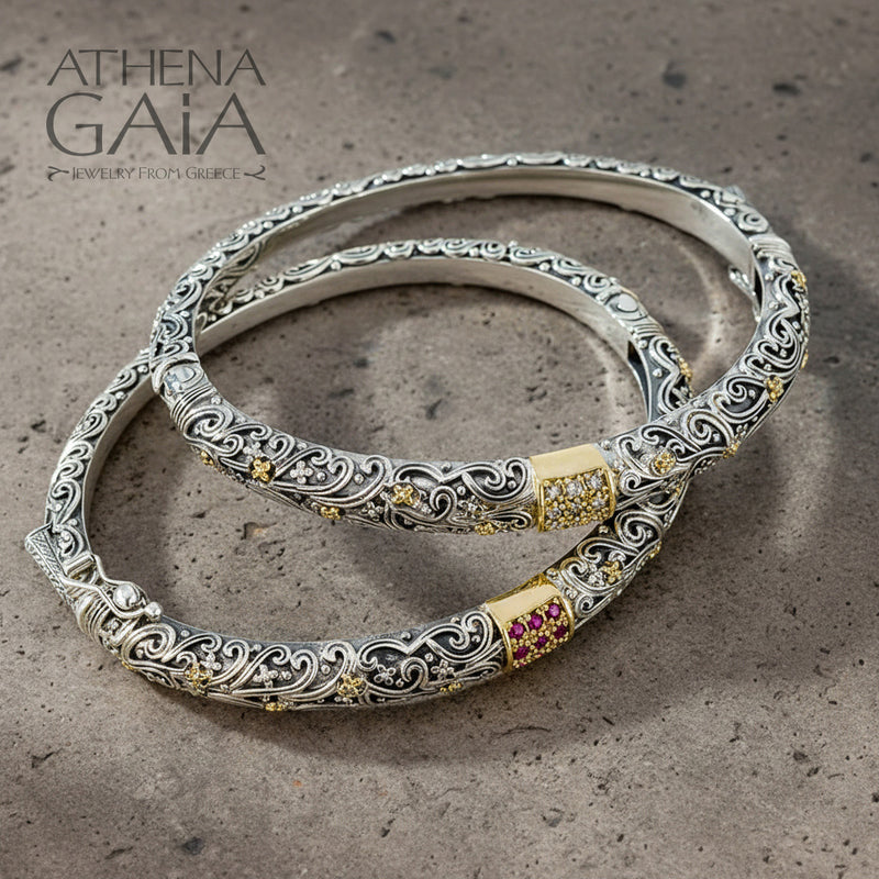 Meadow Breeze Stone Field Bracelet - 18k Gold & Sterling Silver - Hinged Bangle Bracelet