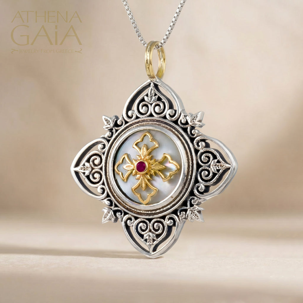 Aretousa Cross in Cross Filigree Faith Pendant (Large) - 18k Gold & Sterling Silver