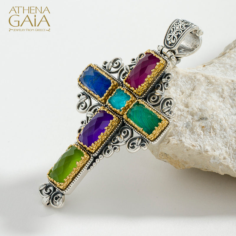 Dione Long Filigree Doublet Cross - Sterling Silver & Gold Plating - Latin Cross