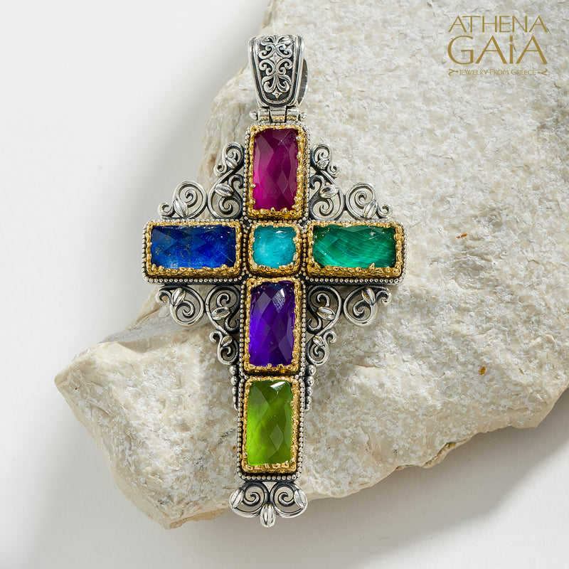 Dione Long Filigree Doublet Cross - Sterling Silver & Gold Plating - Latin Cross