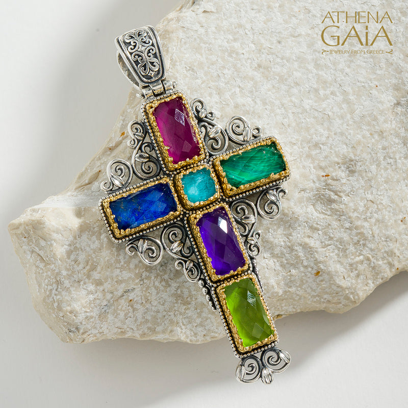 Dione Long Filigree Doublet Cross - Sterling Silver & Gold Plating - Latin Cross