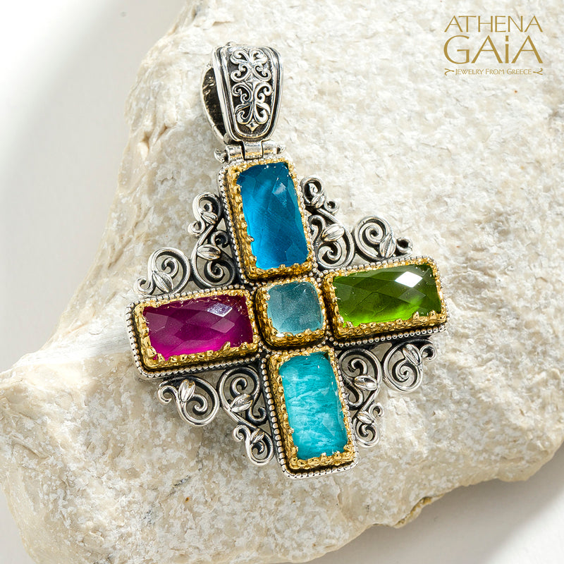Dione Filigree Doublet Cross - Sterling Silver & Gold Plating - Greek Cross