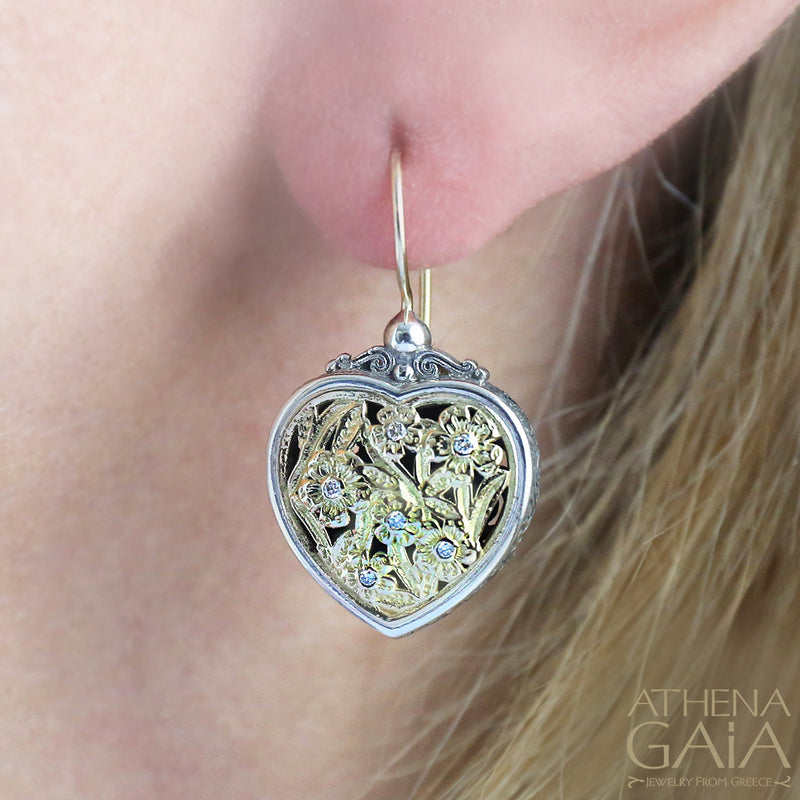 Diamond Heart Earrings - 18k Gold & Sterling Silver Earrings - French Wire Earrings