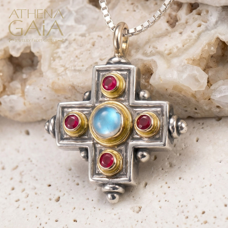 Rustic Five Stone Cross (Large) - 18K Gold & Sterling Silver - Greek Cross Necklace