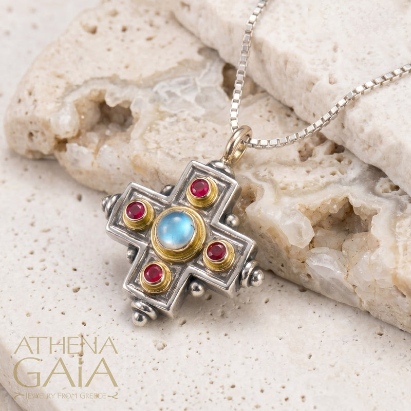 Rustic Five Stone Cross (Large) - 18K Gold & Sterling Silver - Greek Cross Necklace