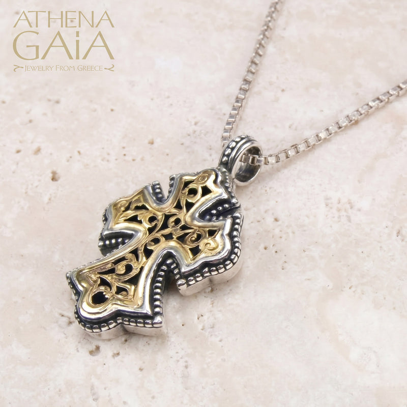 Garden Shadows Cross - Sterling Silver & 18k Gold - Flared Cross