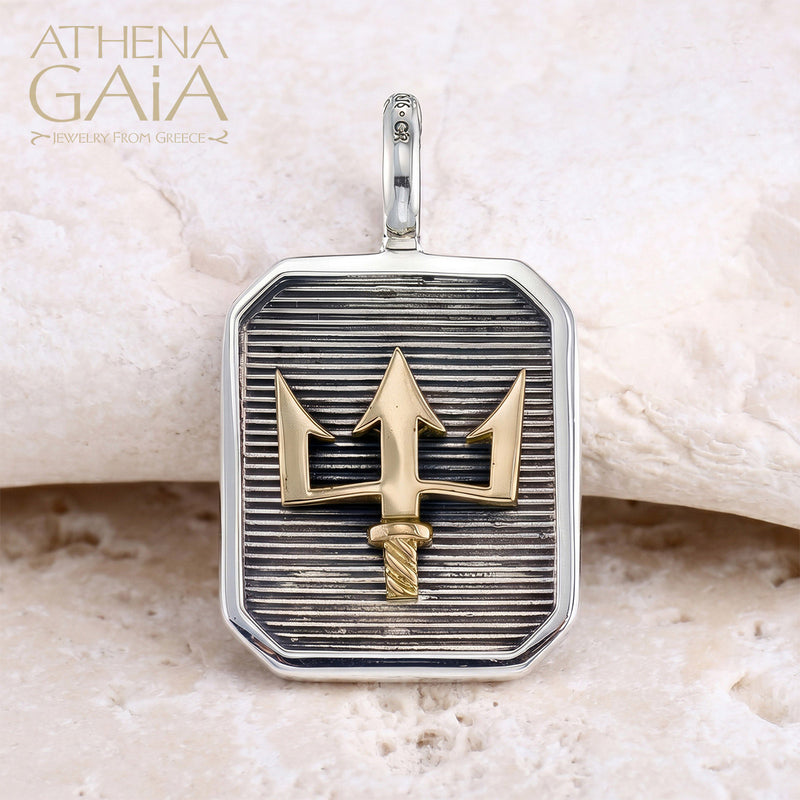 Poseidon's Trident Square Pendant - 18k Gold & Sterling Silver - Talisman
