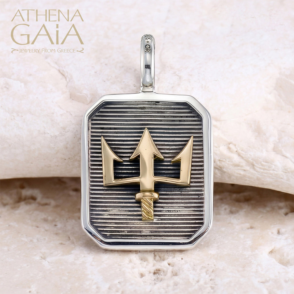 Poseidon's Trident Square Pendant - 18k Gold & Sterling Silver - Talisman