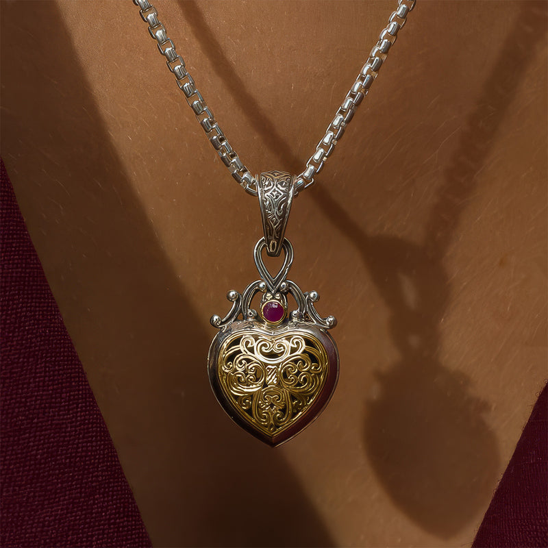 Roxana Heart with Ruby Pendant - 18k Gold & Sterling Silver Pendant
