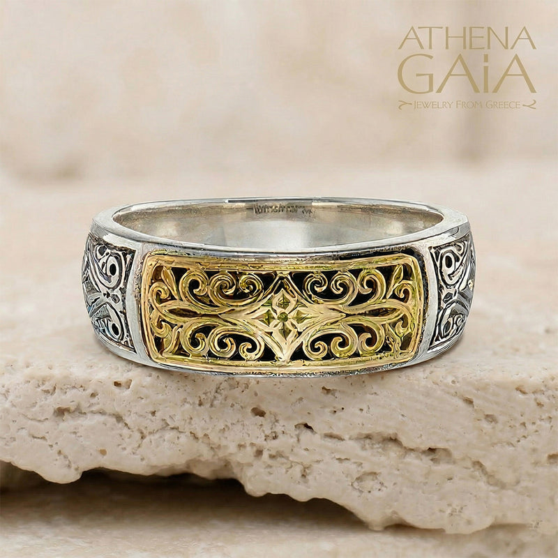 Mediterranean Gold Panel Ring – 18k Gold & Sterling Silver - Stackable Ring
