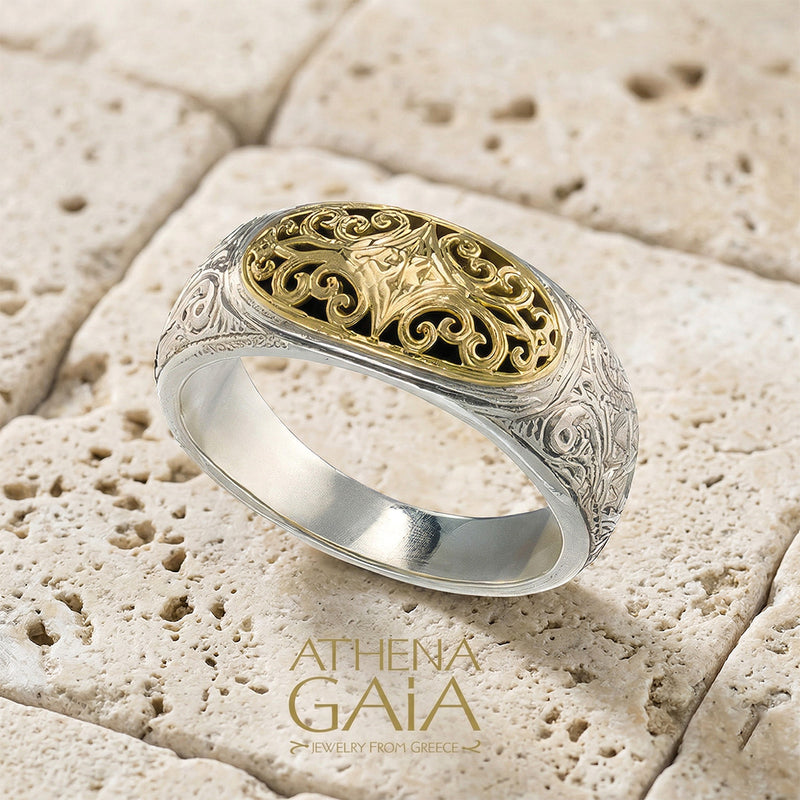 Mediterranean Gold Crest Ring - 18k Gold & Sterling Silver - Men's Ring