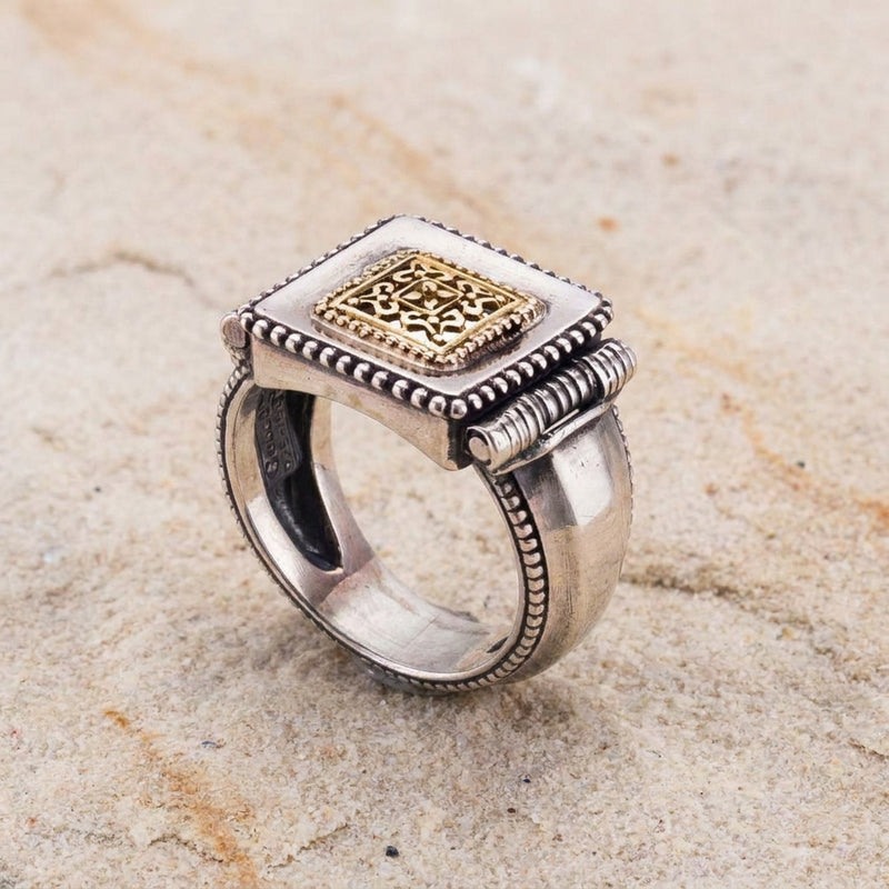 Classic Square Mens Ring - 18k Gold & Sterling Silver Ring - Signet Ring
