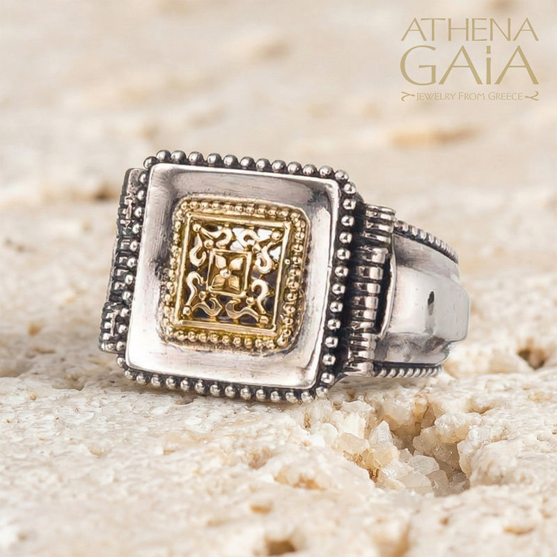 Classic Square Mens Ring - 18k Gold & Sterling Silver Ring - Signet Ring