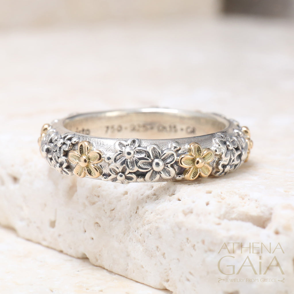 Wild Flowers Band Ring - 18k Gold & Sterling Silver - Stackable Ring