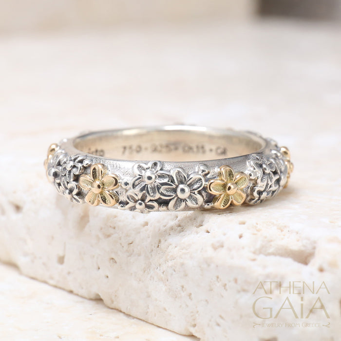 Wild Flowers Band Ring - 18k Gold & Sterling Silver Ring - Stackable Ring