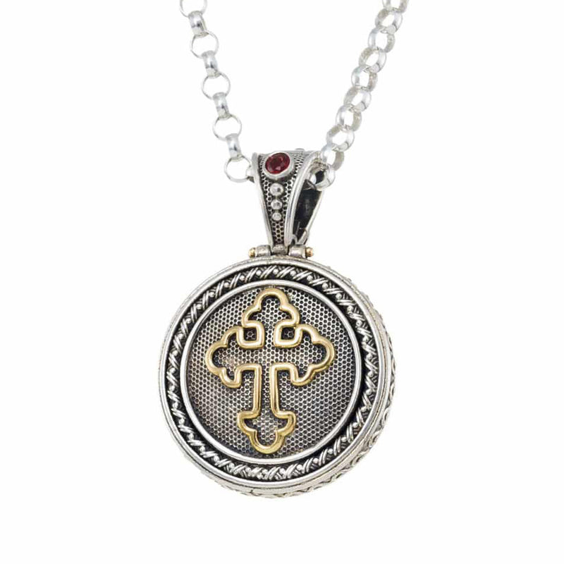 Odysseus Round Pendant with Garnet - 18k Gold & Sterling Silver Pendant