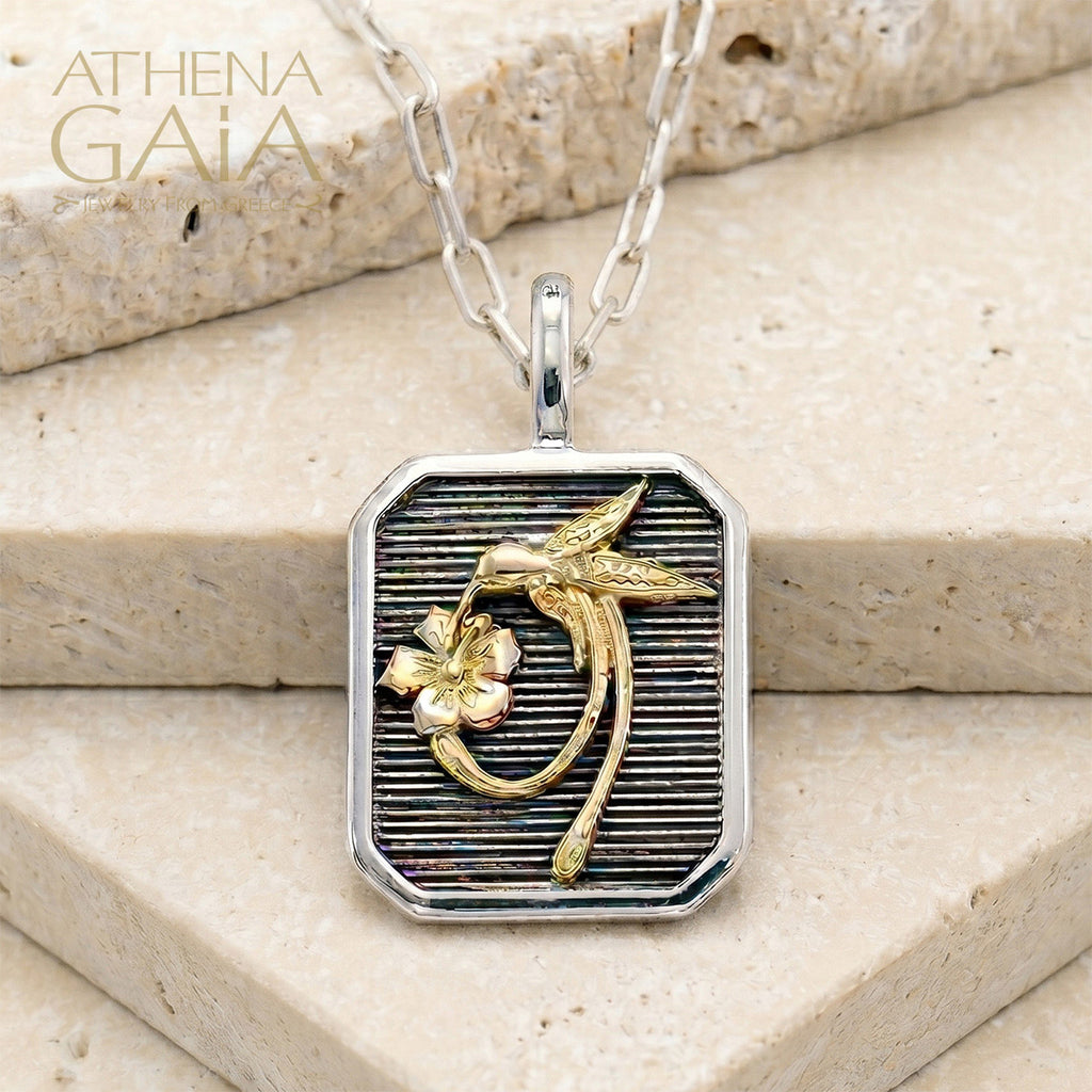 Hummingbird Square Pendant - 18k Gold & Sterling Silver - Talisman