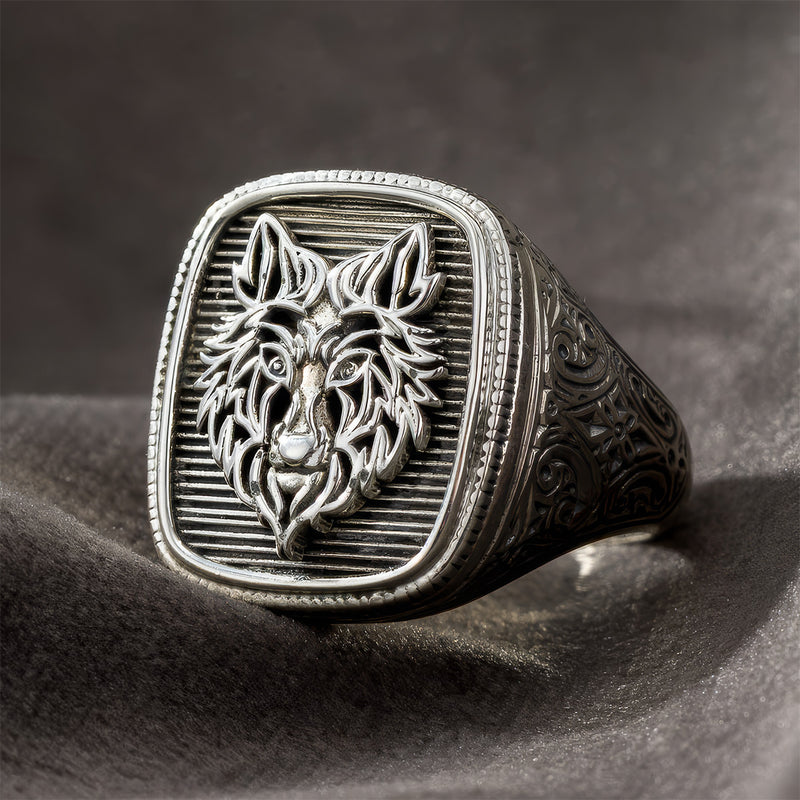 Wolf Face Ring - Sterling Silver Ring - Signet Ring