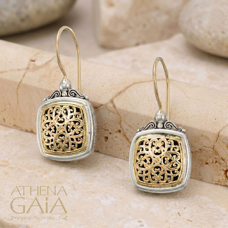 Mediterranean Small Square Earrings - 18k Gold & Sterling Silver Earrings - French Wire Earrings