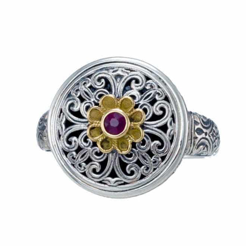 Mediterranean Ruby Flower Ring - 18k Gold & Sterling Silver Ring - Signet Ring