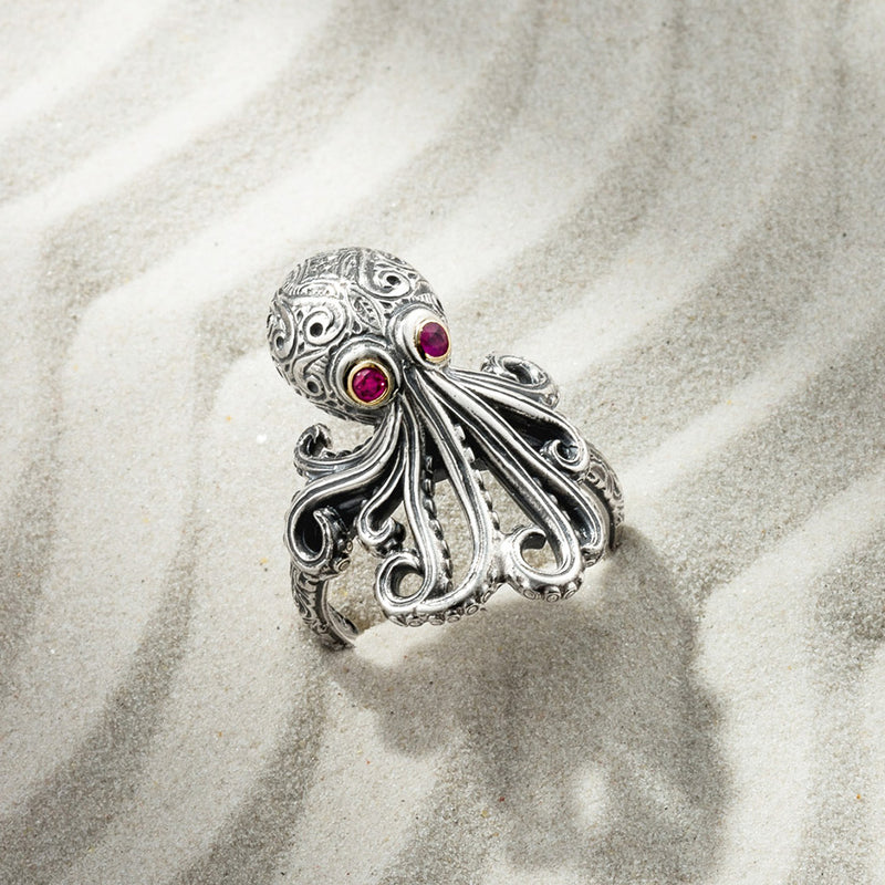 Thalassa Octopus Gemstone Ring - 18k Gold & Sterling Silver Ring - Cocktail Ring