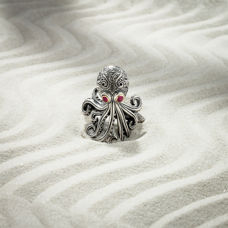 Thalassa Octopus Gemstone Ring - 18k Gold & Sterling Silver Ring - Cocktail Ring