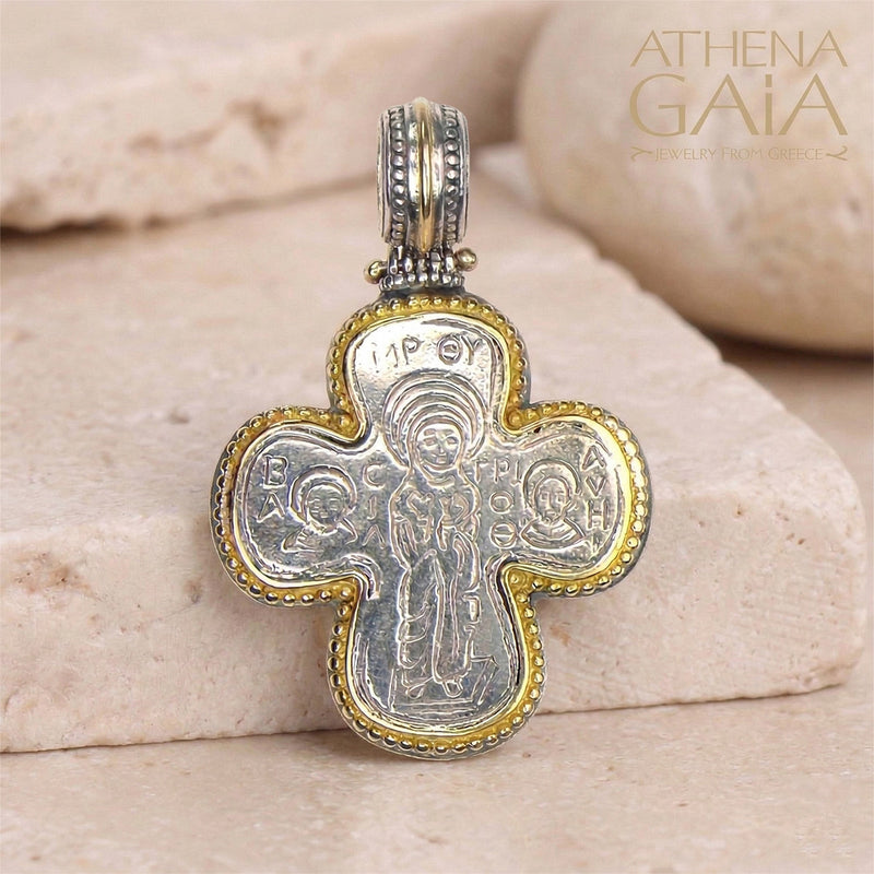 Gold Border Panagia Expanding Greek Cross - 18k Gold & Sterling Silver - Orthodox Cross