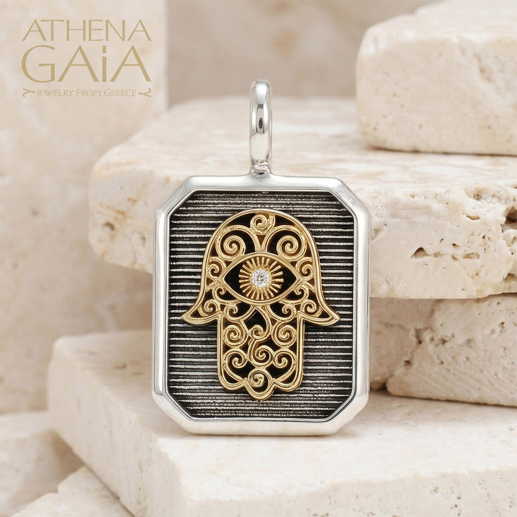 Hamsa Square Pendant - 18k Gold & Sterling Silver - Talisman