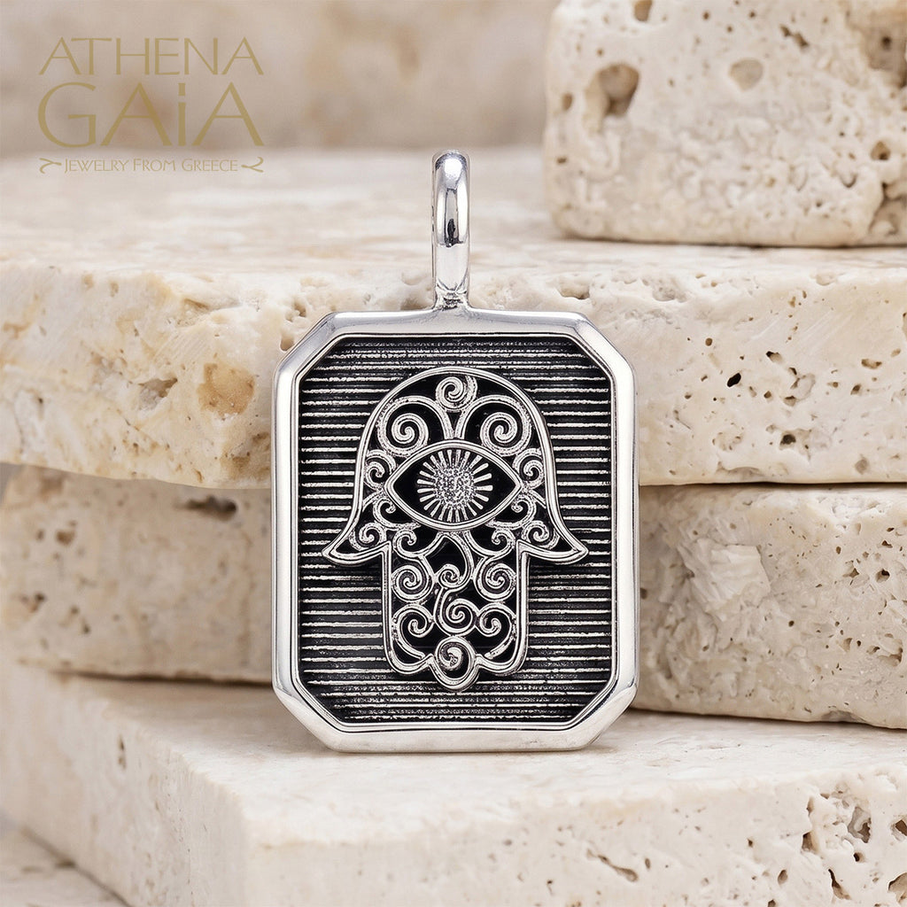 Hamsa Square Pendant - Sterling Silver - Talisman