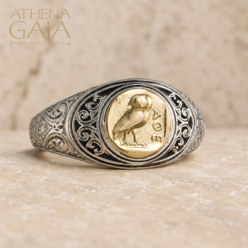 Ancient Athenian Owl Ring - 18k Gold & Sterling Silver - Signet Ring