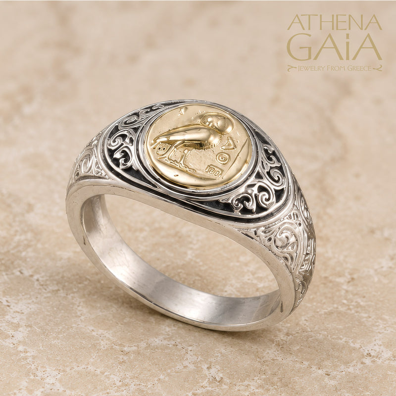 Ancient Athenian Owl Ring - 18k Gold & Sterling Silver - Signet Ring