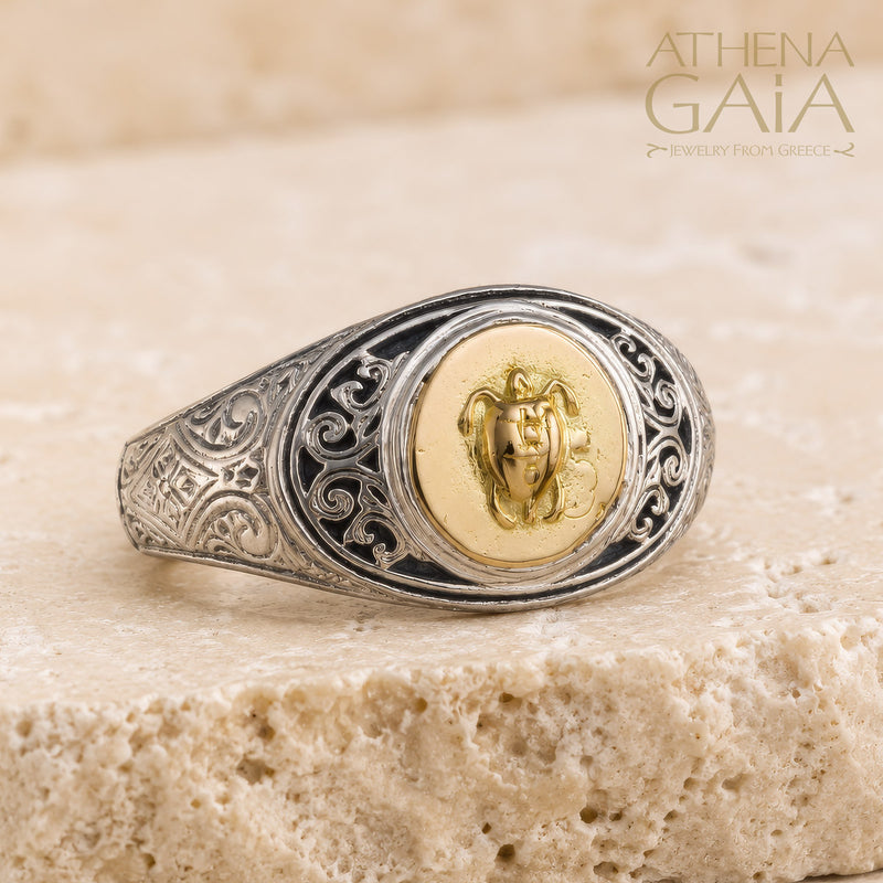 Turtle Coin Ring - 18k Gold & Sterling Silver - Signet Ring