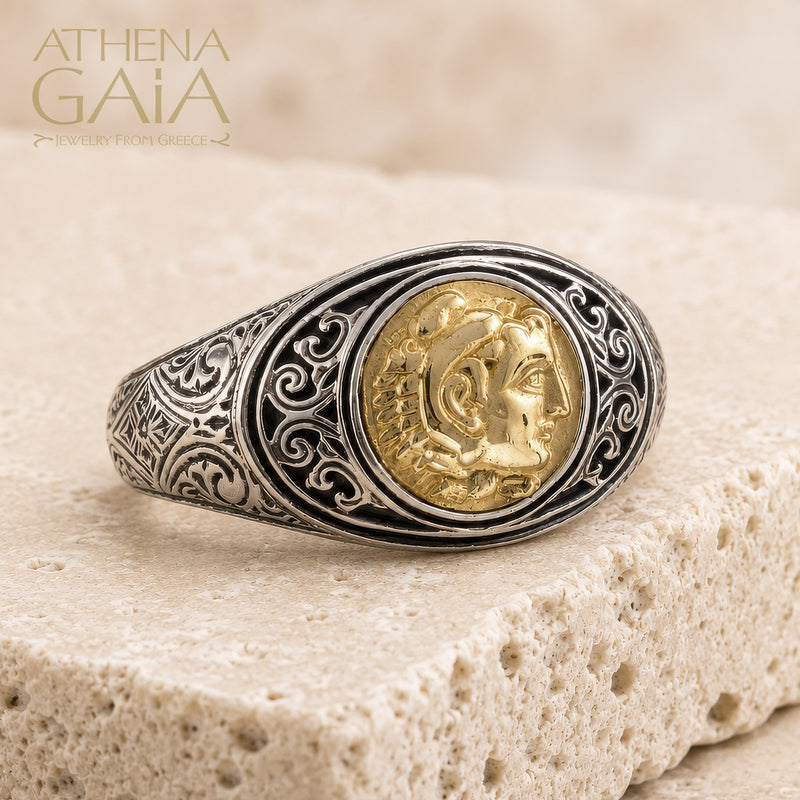 Alexander the Great Coin Ring - 18k Gold & Sterling Silver - Signet Ring