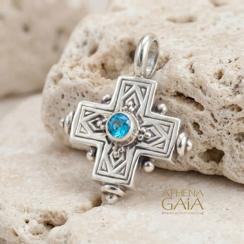 Rustic Silver Faceted Stone Cross (Small) - Sterling Silver - Greek Cross Necklace
