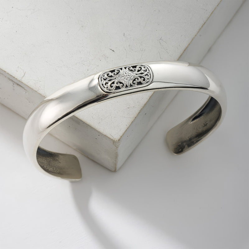 Simplicity Mediterranean Rounded Filigree Bracelet - Sterling Silver - Cuff Bracelet
