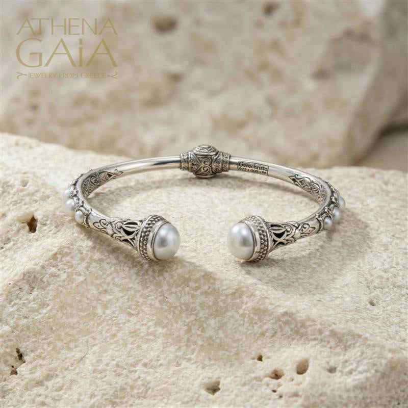 Santorini Pearl Sided Bracelet - Sterling Silver - Hinged Bangle Bracelet