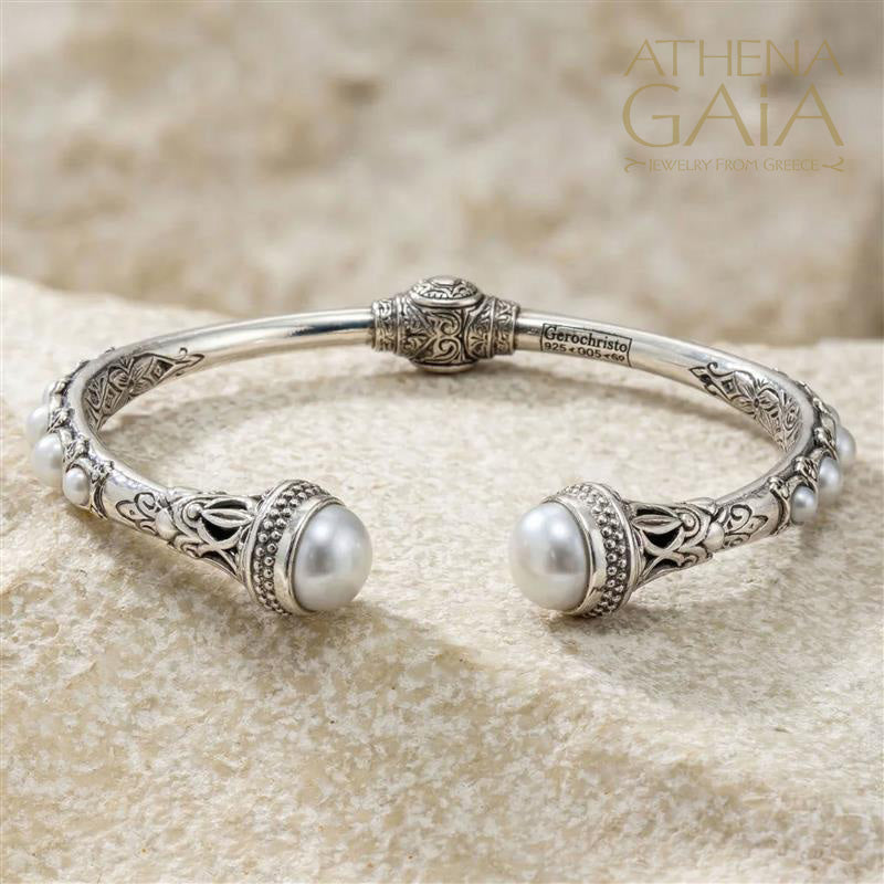 Santorini Pearl Sided Bracelet - Sterling Silver - Hinged Bangle Bracelet